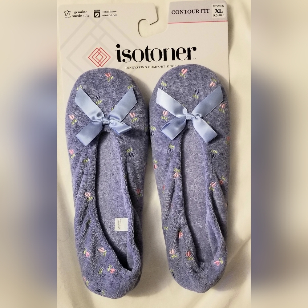 Women's Isotoner Terry Floral Embroidered Ballet Flat Sllippers -Size XL -New!!